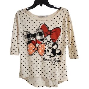 Disney Parks Minnie Mouse Shirt Womens M White Black Polka Dot Bows Half Sleeve